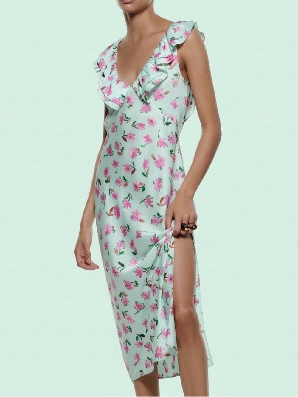 Zara Mint Green and Pink Floral Ruffle Midi Dress - garden party - wedding guest